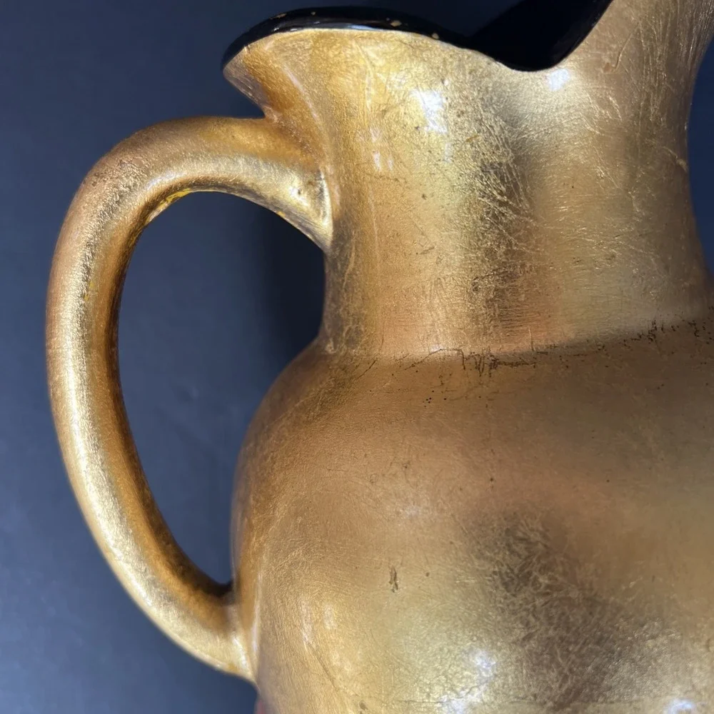 VTG Gold Gilt Hand Painted Fruit Pitcher Vase Stoneware Japan Style 9.5